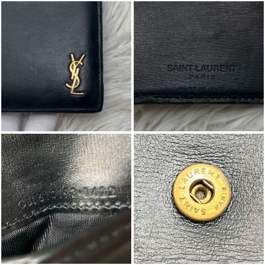 サンローラン 二つ折り財布 レザー カサンドラ 金具 ロゴ 黒 小銭入れ