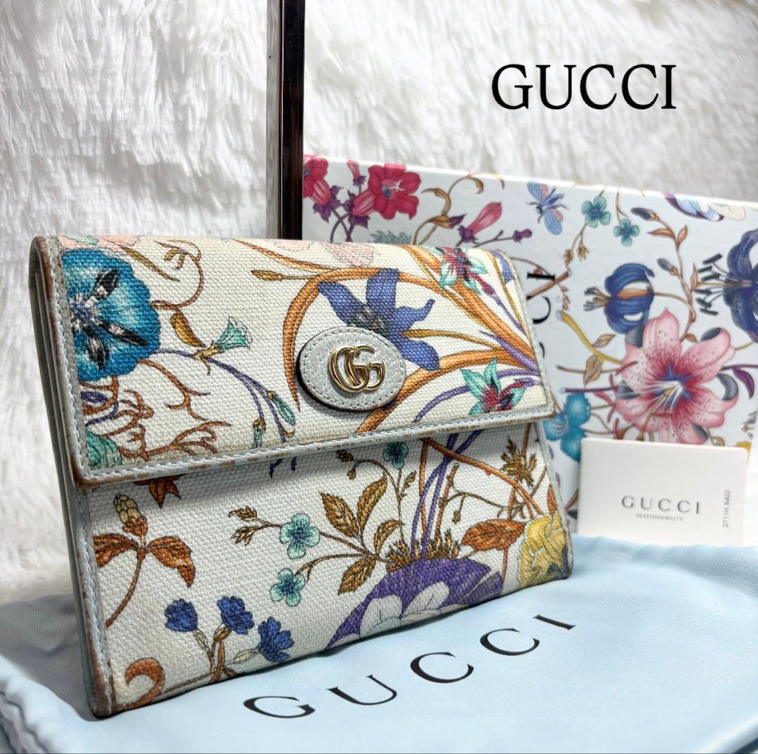 ✨付属品完備✨ グッチ マーモント フローラ 二つ折り財布 花 ポーチ ブルー