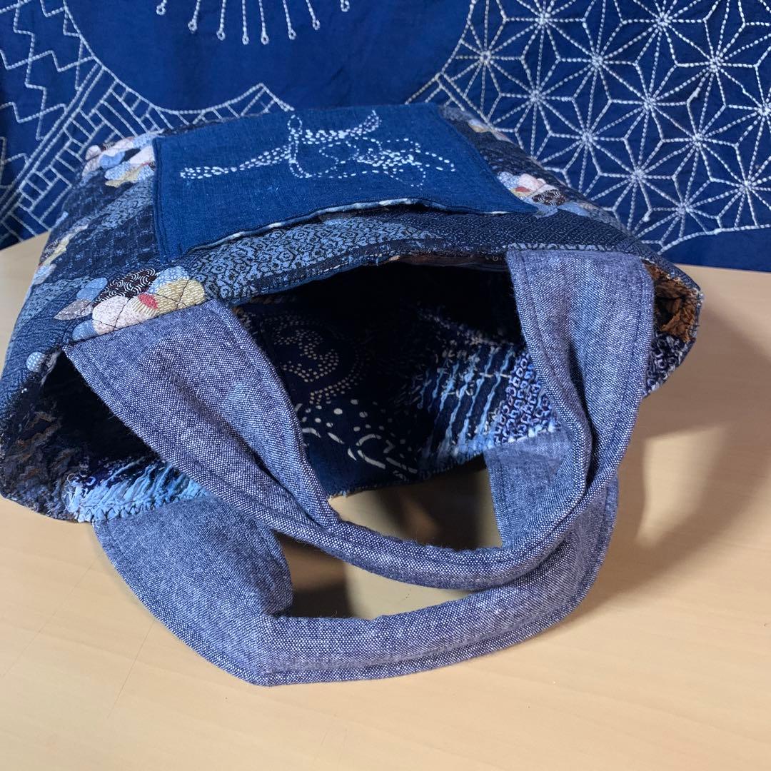 古布バッグ　襤褸風　藍染　型染　柿渋染め　刺し子　リバーシブルでも使えますね〜