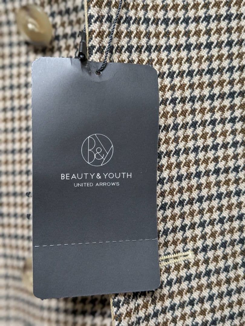 新品 BEAUTY&YOUTH ブラウンハウンドトゥース ステンカラーコート S