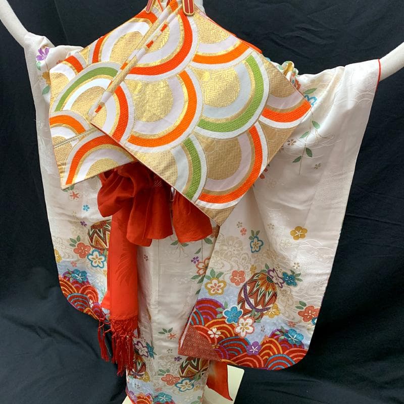 508ag70□七五三 七歳 女児 着物&袋帯&長襦袢 金彩 毬 白□状態良好