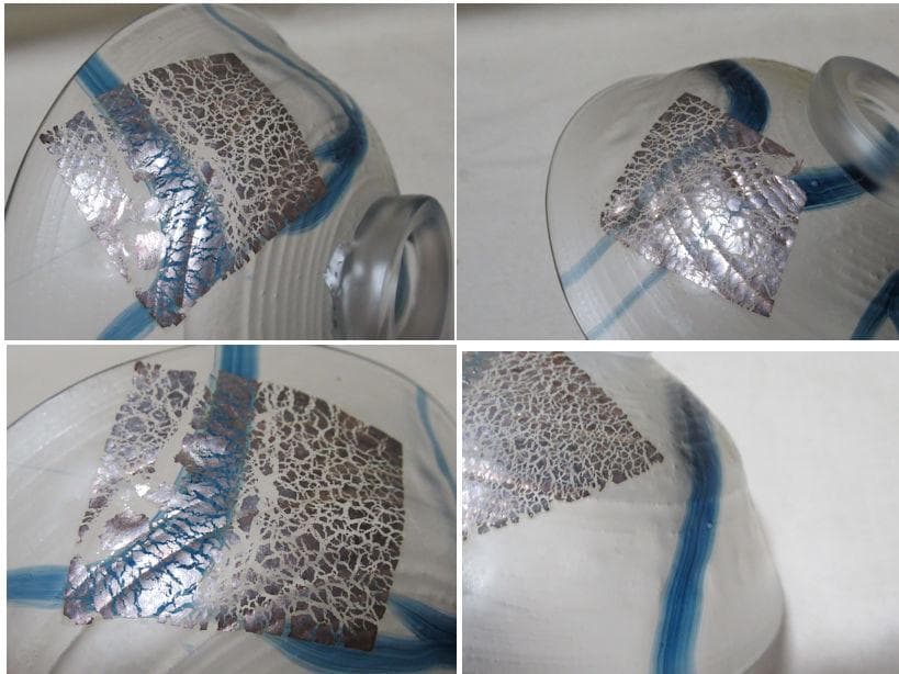 ガラス製　平茶碗　義山銀箔清流　水崎長寿　共箱