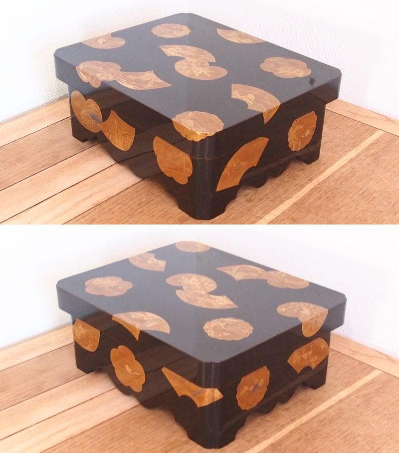 【骨董・時代の美品】大名道具 宝箱 山水蒔絵 箱物/蓋物/菓子器/容器 金縁隅切