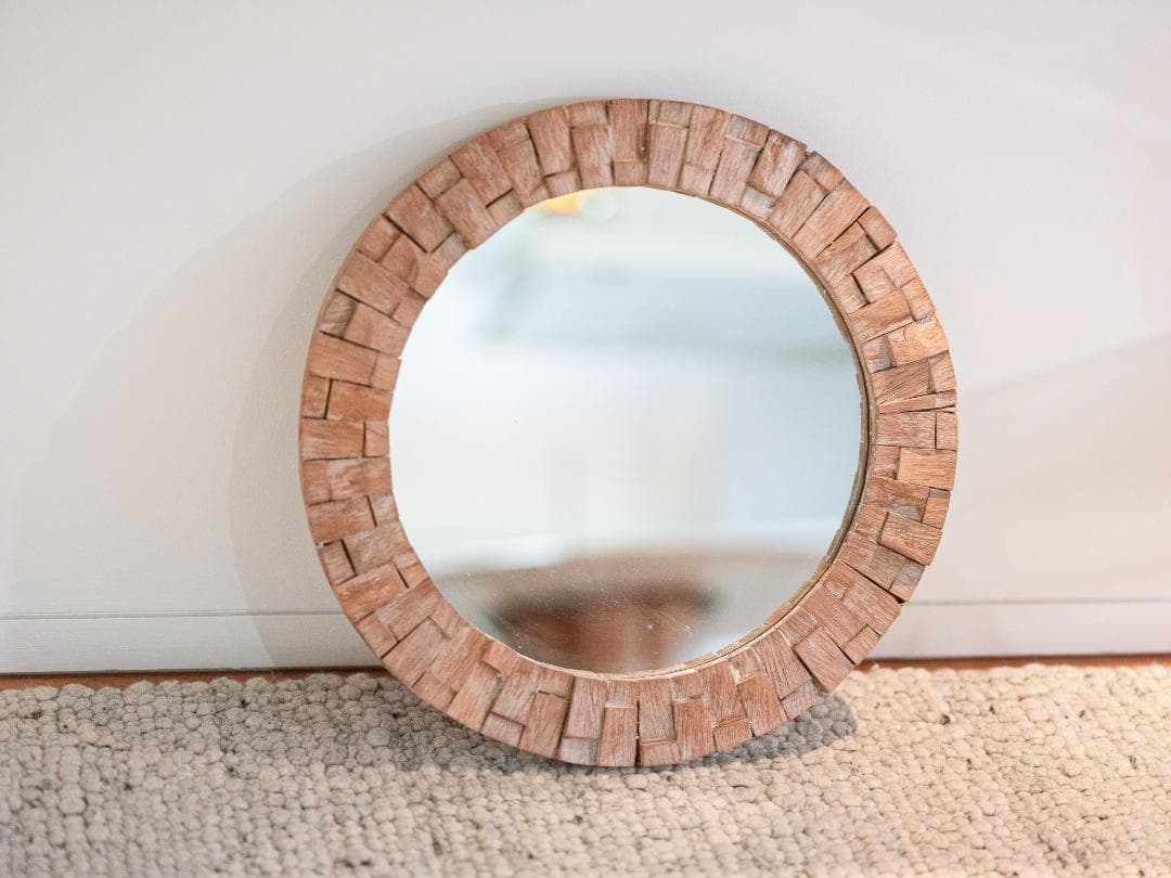 バリ島買付 木製フレーム 丸鏡 直径53cm｜ナチュラル ウォールミラー