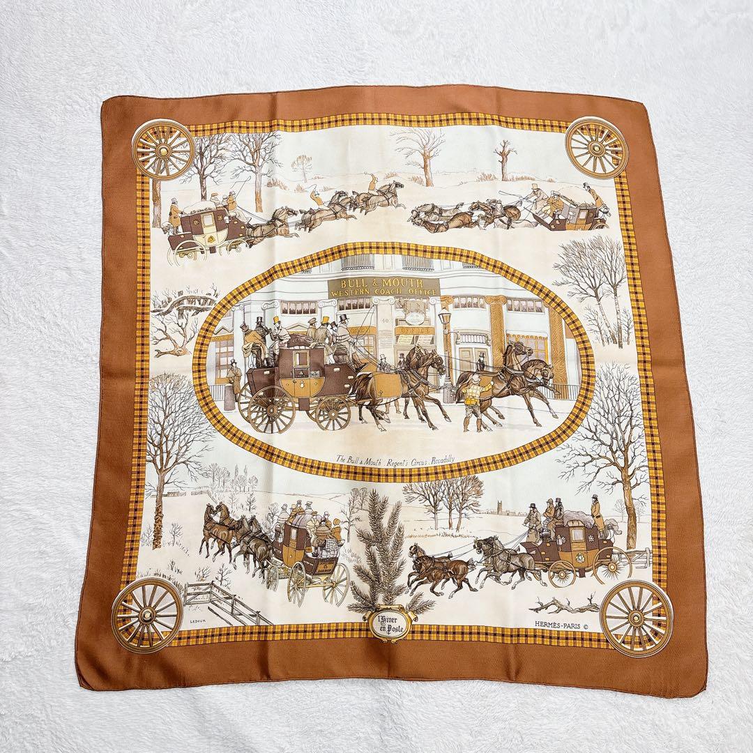 【極美品】エルメス カレ90 冬の郵便馬車 シルクスカーフ ブラウン系