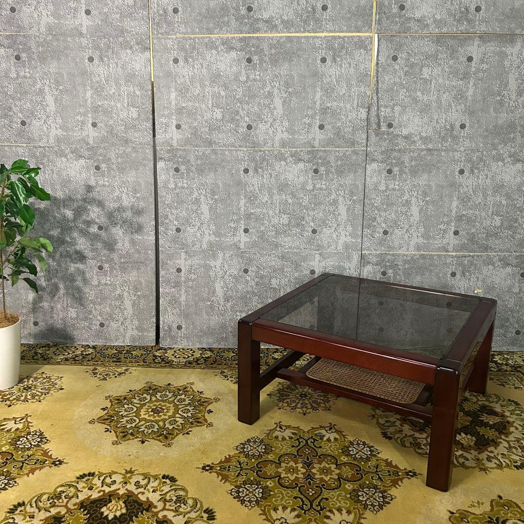 ꧁昭和レトロ꧂ラタン収納スペース付スクエアガラステーブル 机 籐 センター ロー