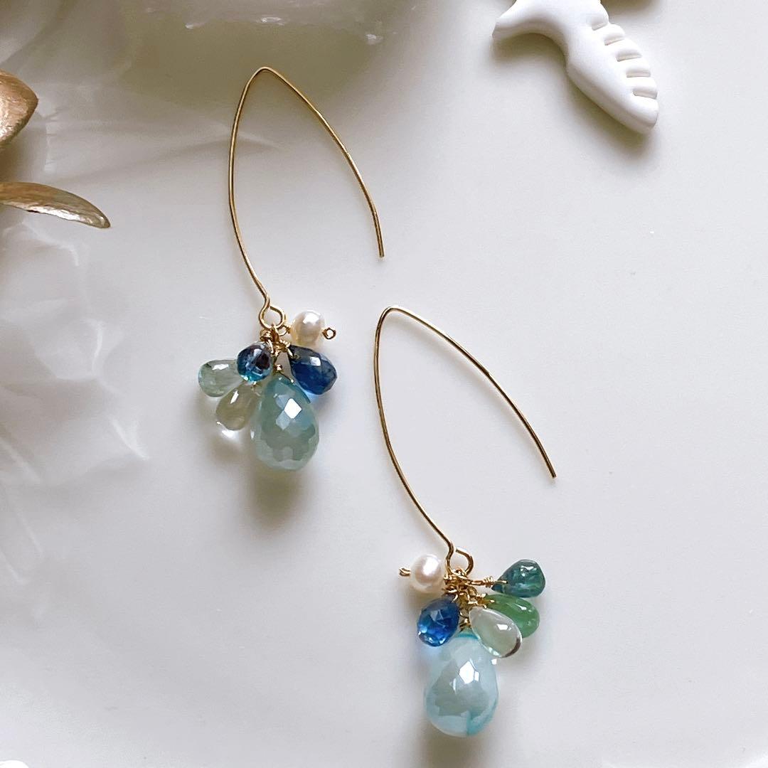 マルモ◆ラフカット✧インカローズ×淡水パールアシンメトリーピアス