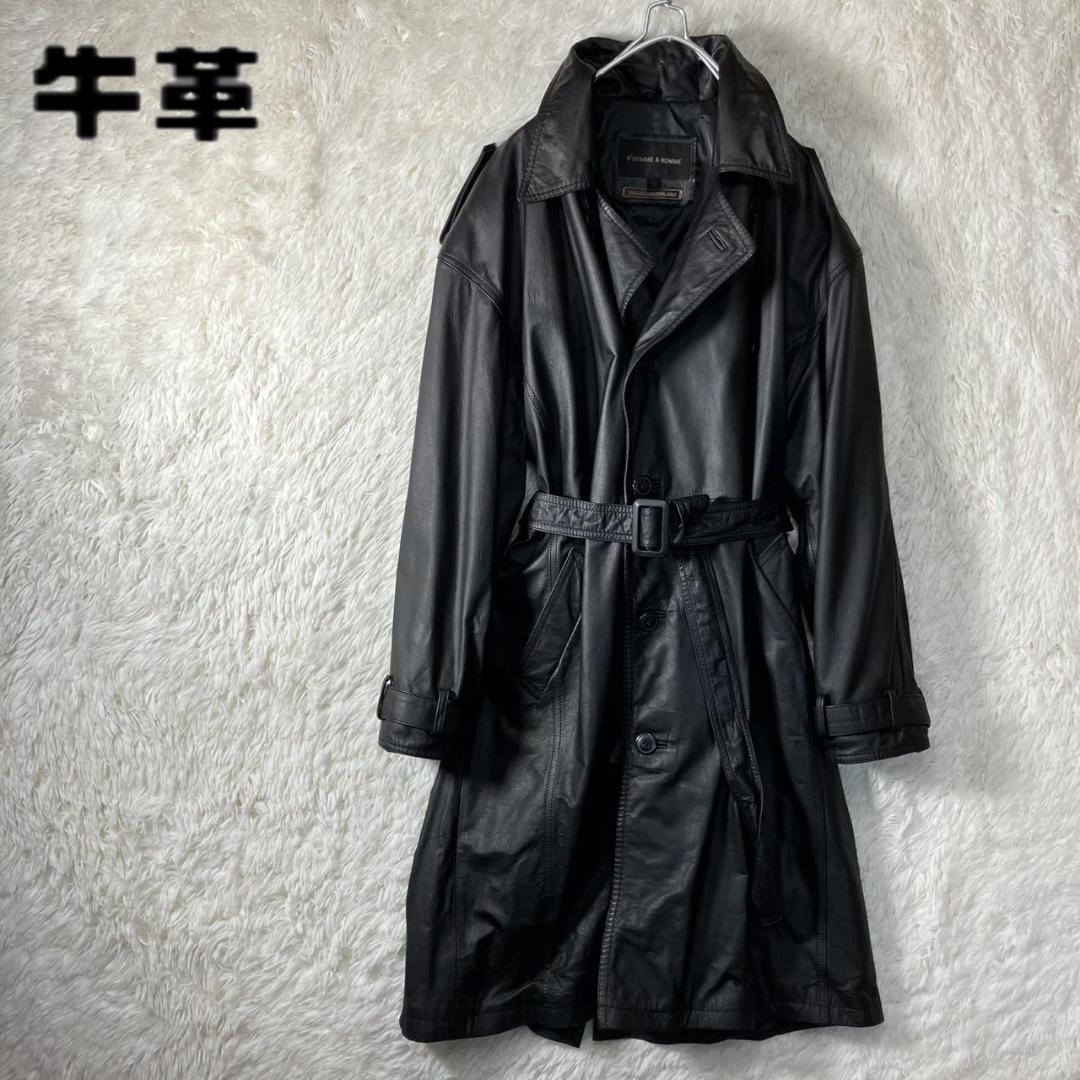 美品 D’HOMMEAHOMME レザートレンチコート 牛革 ベルト付 黒 M