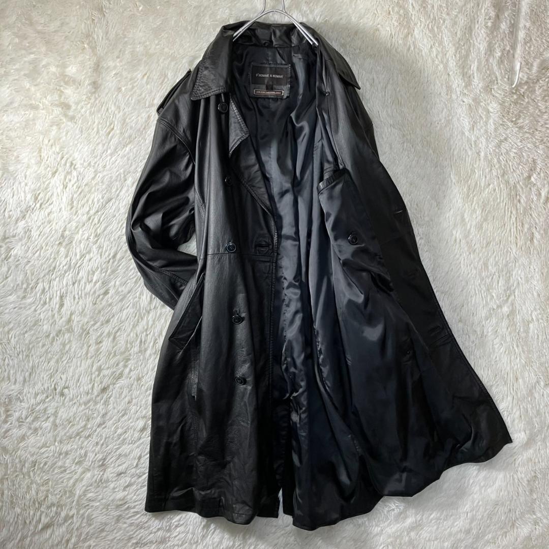 美品 D’HOMMEAHOMME レザートレンチコート 牛革 ベルト付 黒 M