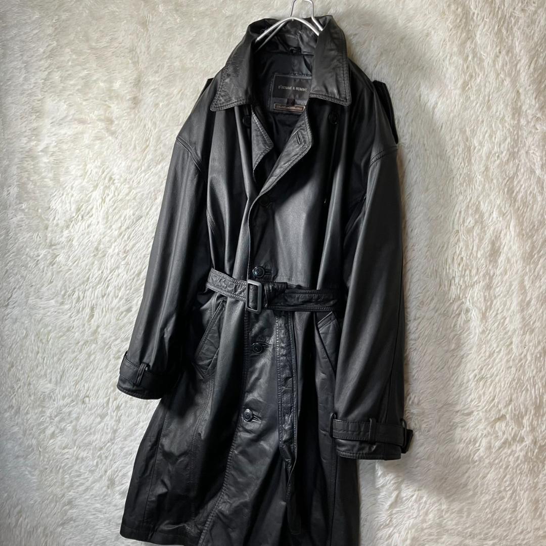 美品 D’HOMMEAHOMME レザートレンチコート 牛革 ベルト付 黒 M