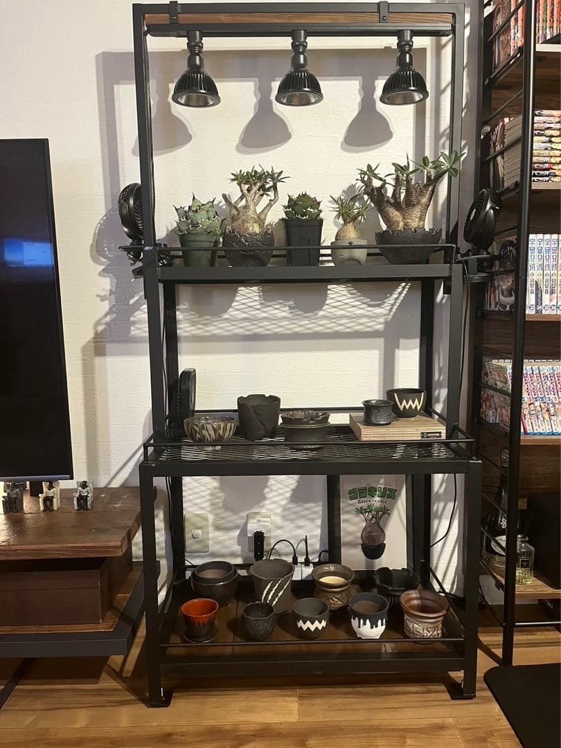 高さ可動式ライトレールスタンド付き3段アイアンラック☆植物棚☆多肉