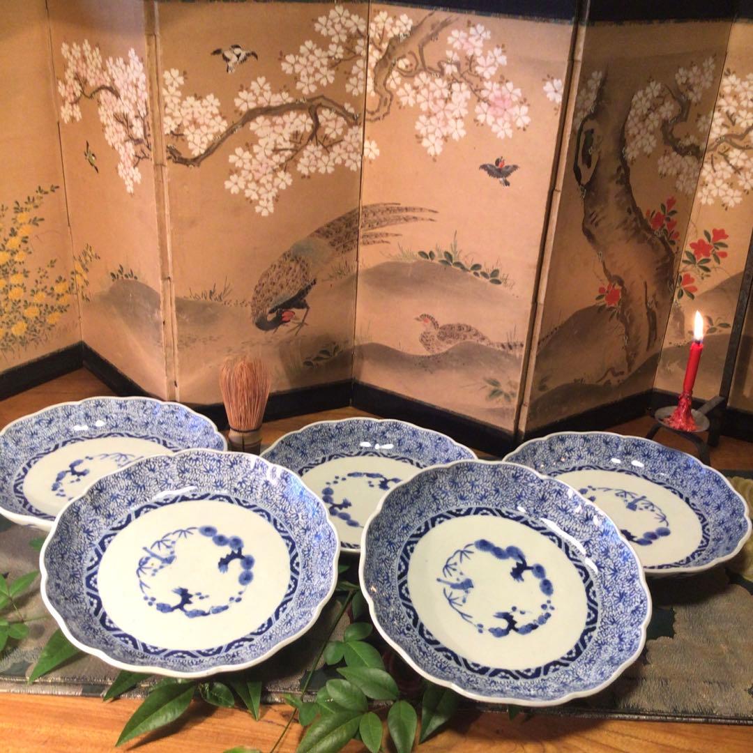 A781 古伊万里　上手　微塵唐草紋様　輪花型　7寸皿　5枚