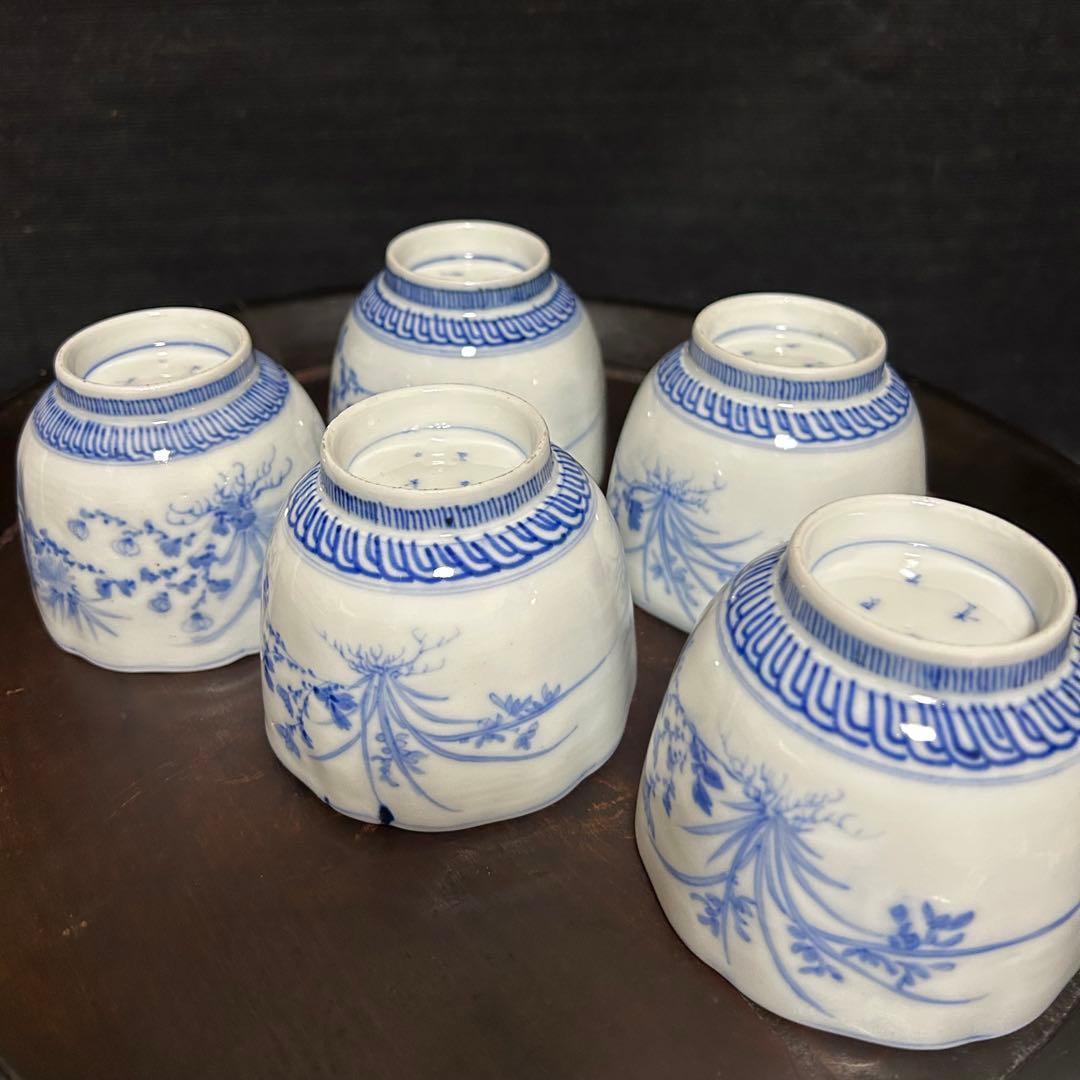 江戸期　上手古伊万里　「草花梅図猪口　五客揃」無傷　本物保証