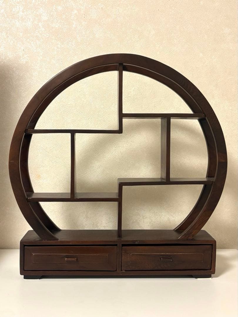 【中国茶器飾り棚】円形木製棚 引き出し付き アジアン家具