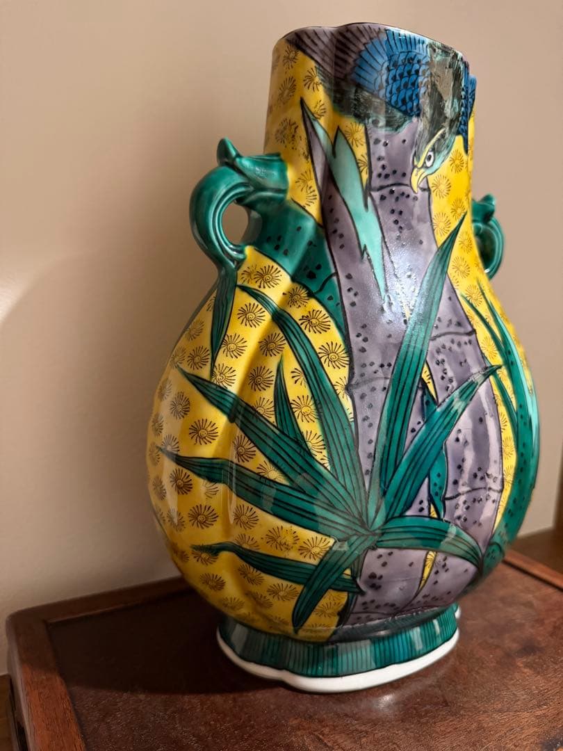 九谷焼 志保 双耳花瓶 共箱付 竹 鳥 花瓶 壺 花入