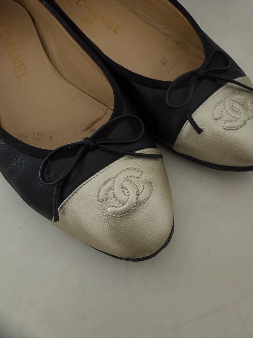 CHANEL シャネル　バレリーナ　シルバーゴールド×ブラック　コンビ　38