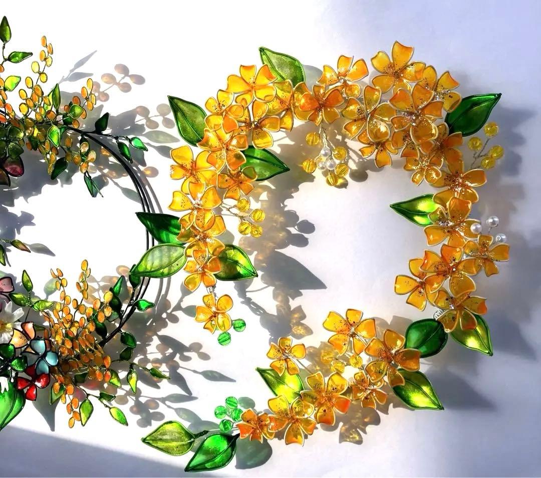 一点物　春　フラワーボタニカルリース　ワイヤークラフト　ディップアート　壁飾り