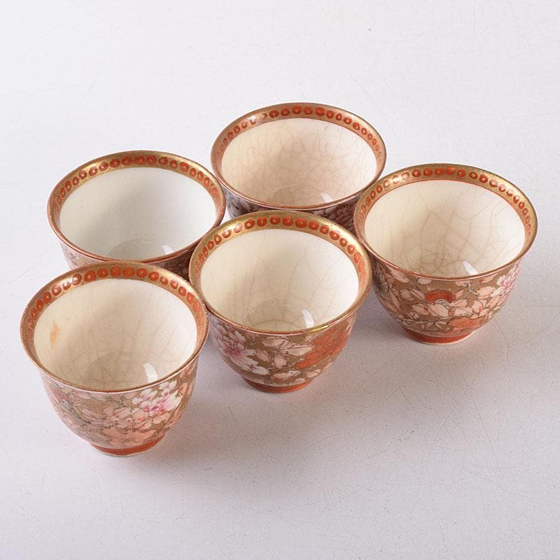 九谷焼　古九谷　赤絵金彩　花鳥文　煎茶碗　五客　D　R8651