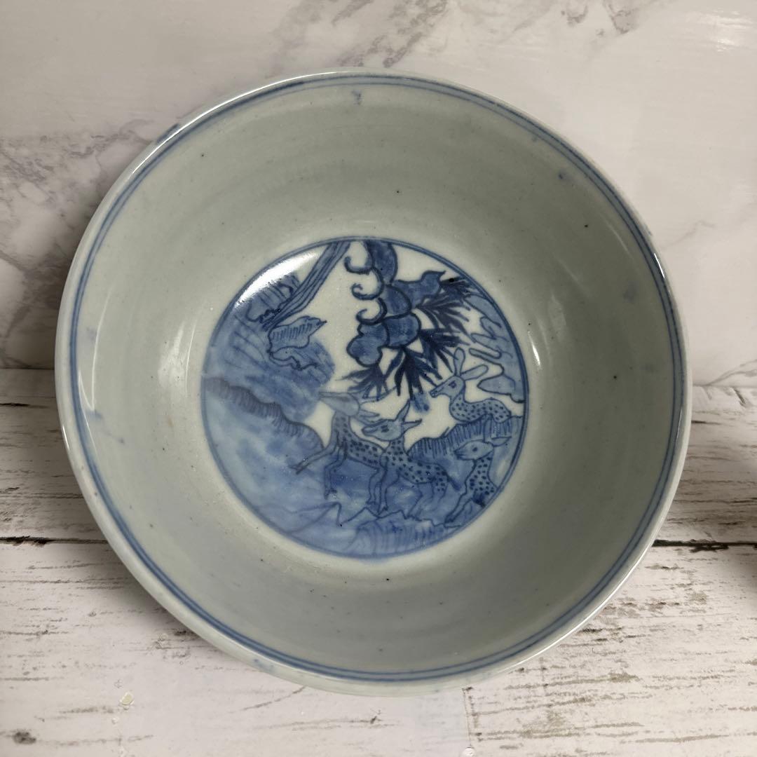 李朝分院、染め付けシカ図、鉢。箱サービス。