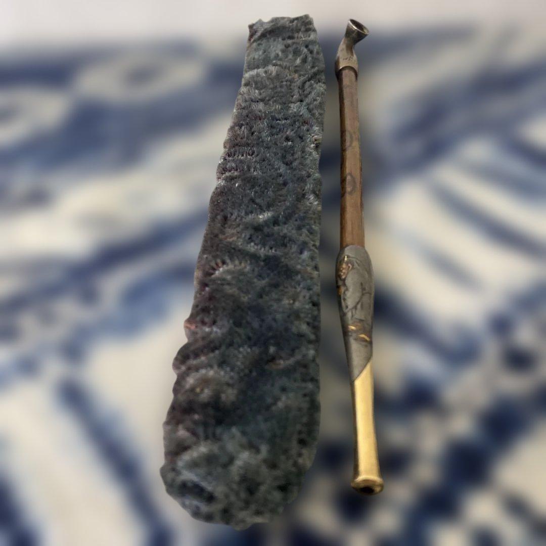金工師　芳老　煙管　キセル　金口　　在銘　純銀　斑竹
