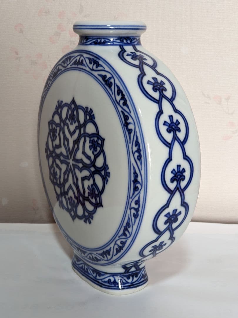 ♦京焼名跡 第四代三浦竹泉造 染付青華文様 扁壺 花器 古美術品 工芸品 骨董品