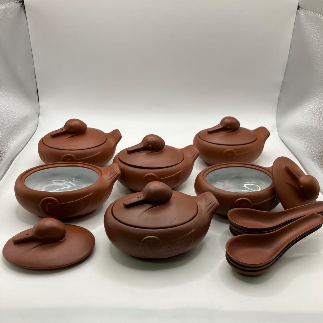 鴨　耐熱土器　朱泥　茶碗蒸し　蓋付小鉢　業務用　小鉢　六客