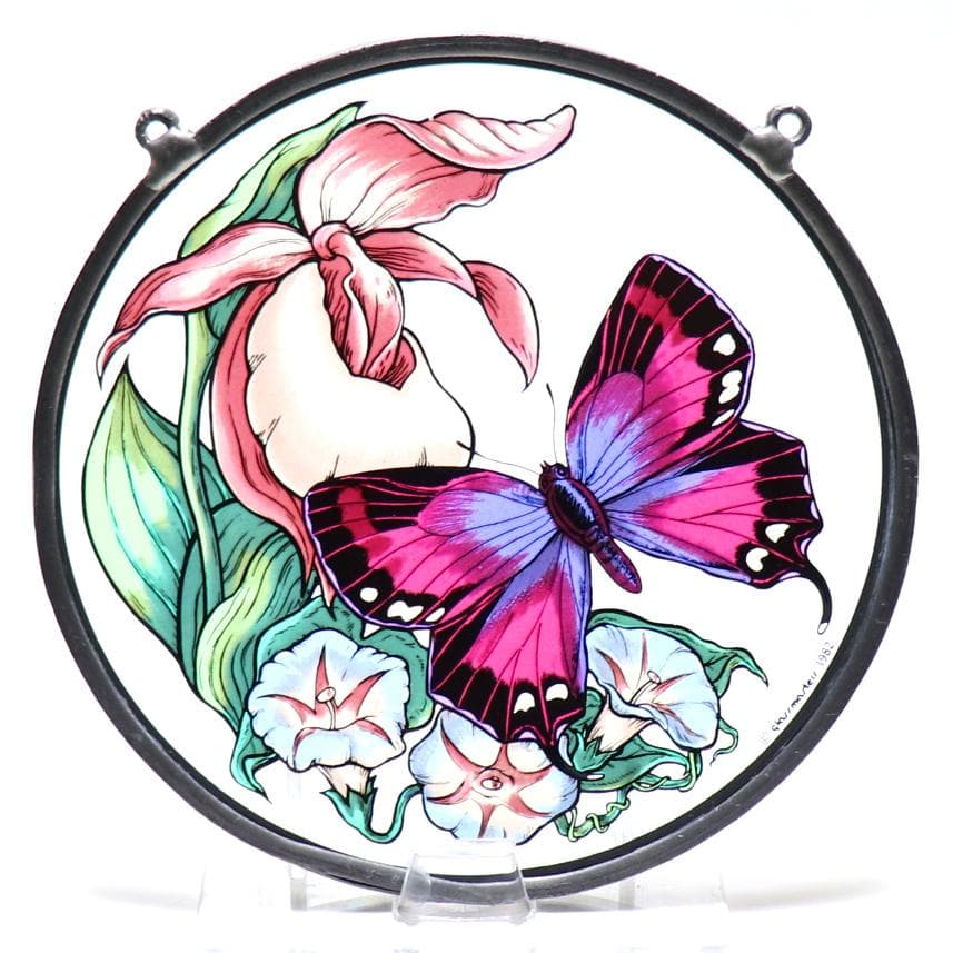 紫色の蝶と花 ヴィンテージ ステンドグラス グラスマスターズ社 バタフライ