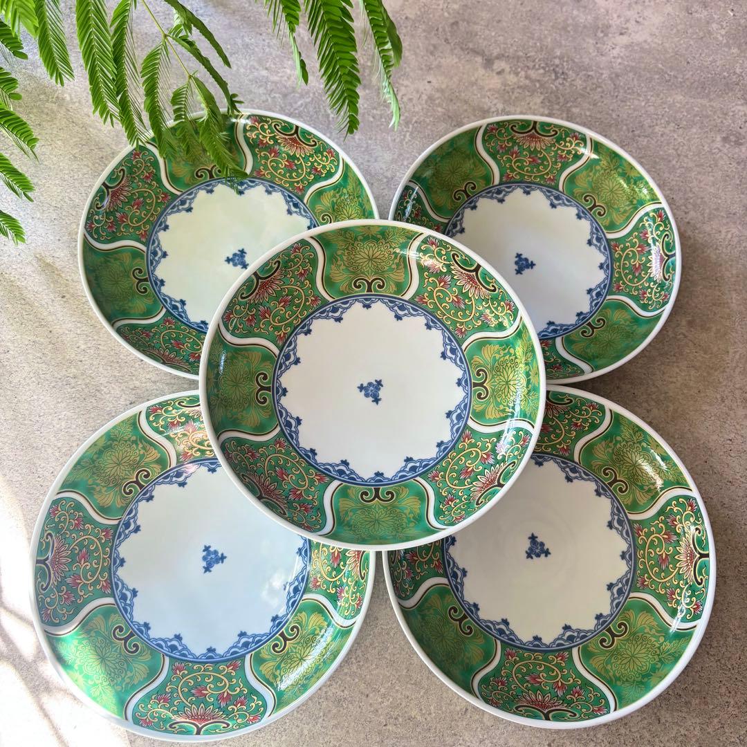 献上古伊万里　大皿　５枚セット　緑　グリーン　和食器　多用皿　金彩　豪華　和皿