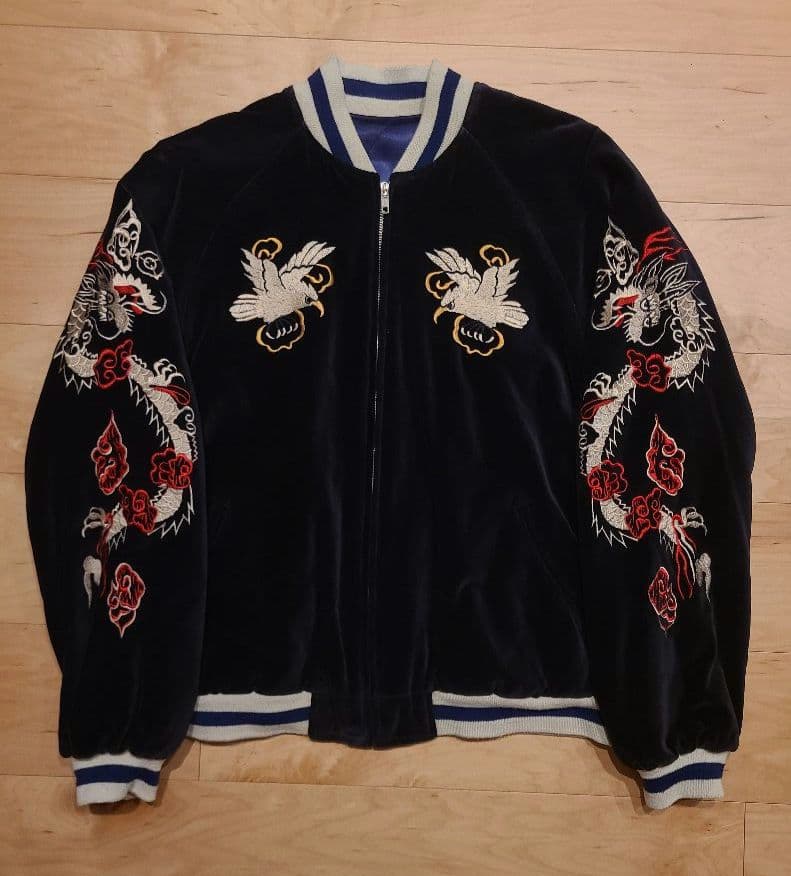 古着 ベロア × サテンキルト リバーシブルスカジャン 花旅楽団