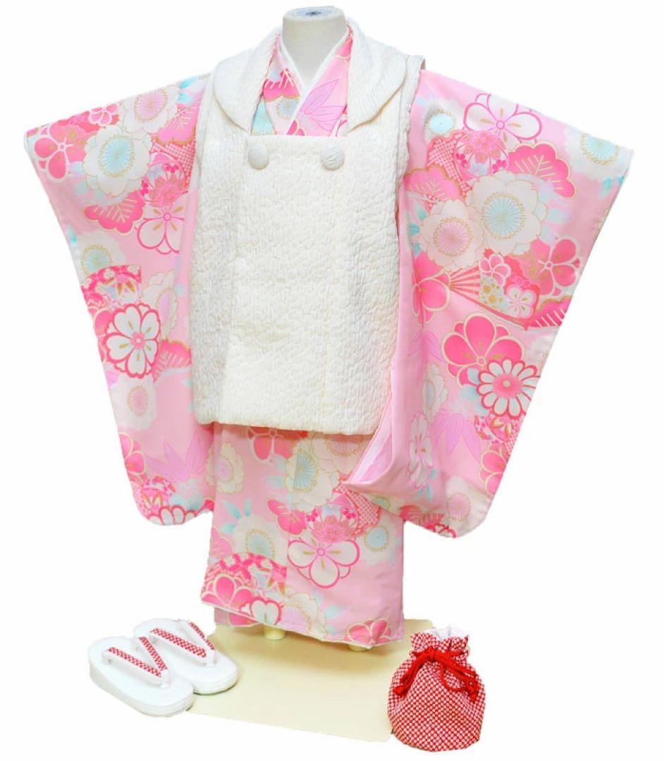 1点限り七五三 着物 3歳 女の子 被布セット 日本製 アイボリー/ピンク
