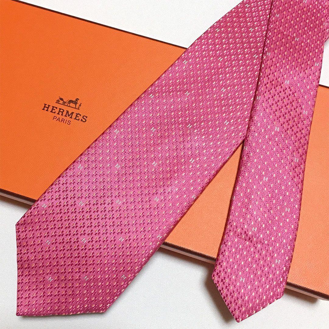 未使用級 エルメス HERMES ネクタイ シルク100% ピンク H柄