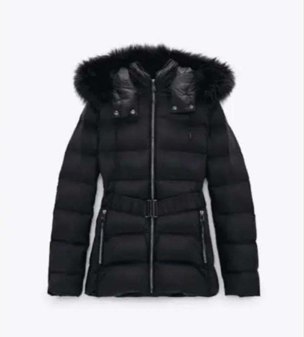 ZARA ザラ　ダウンコート　Aライン　フードファー・ベルト　2way　ブラック