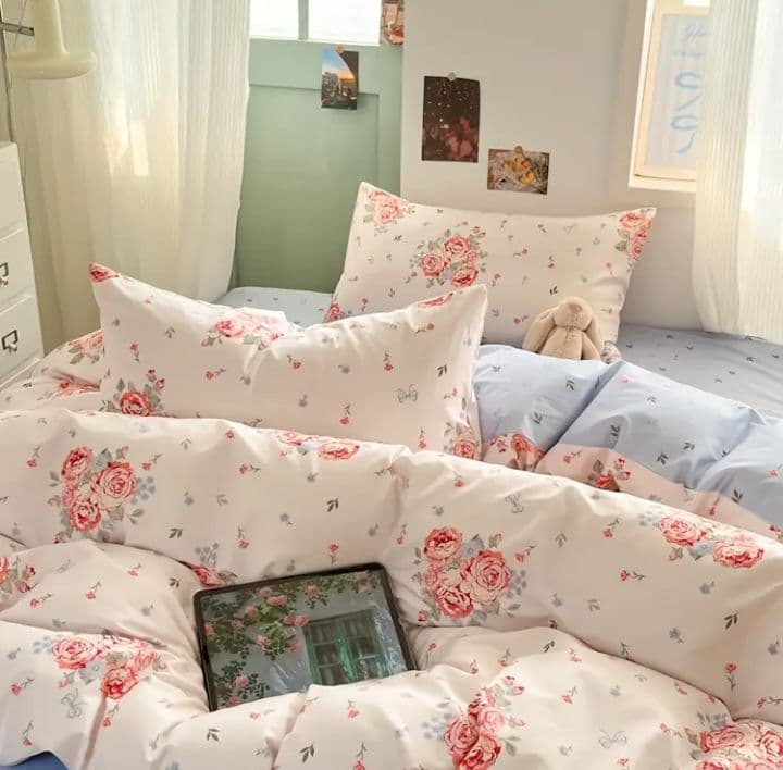 新品★薔薇ブーケと小花綿100%シングル掛け布団カバー枕カバー２枚シーツの4点