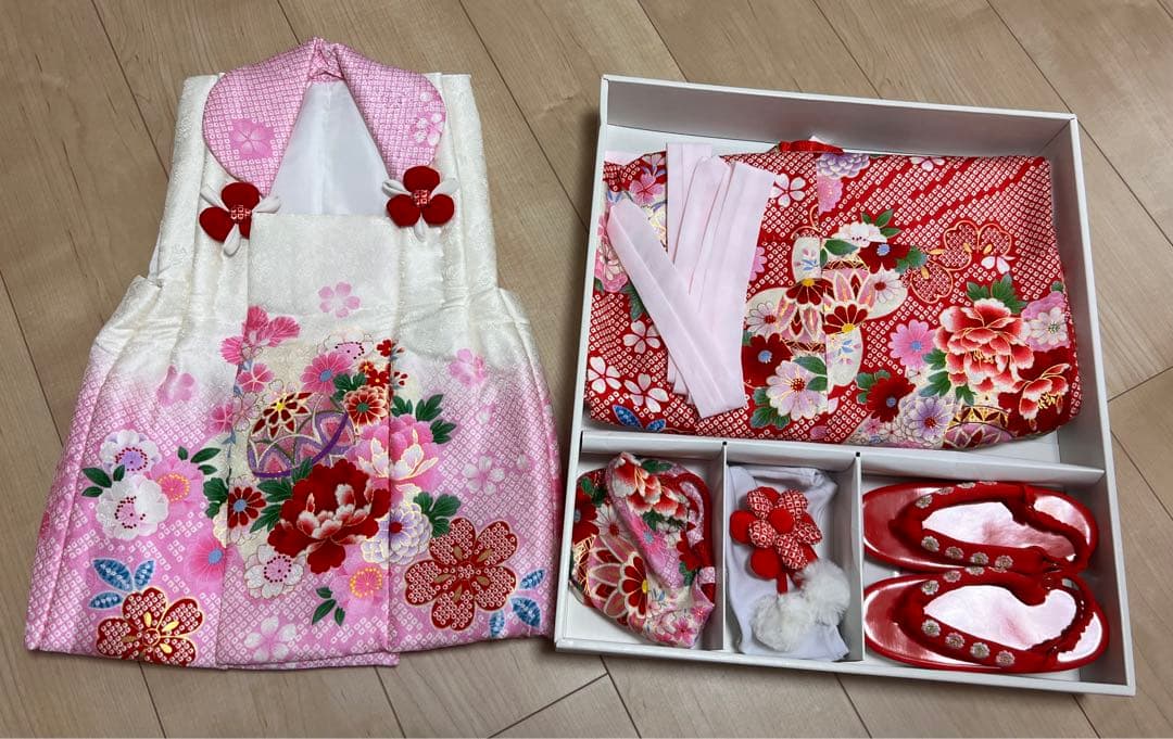 七五三★着物セット★3歳用★赤白花柄手毬