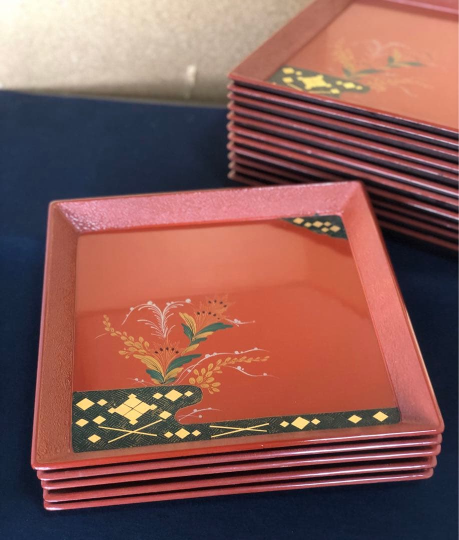 《R》朱塗 蒔絵 四方膳 会席膳5客 銘々盆 木製漆器 260209け1
