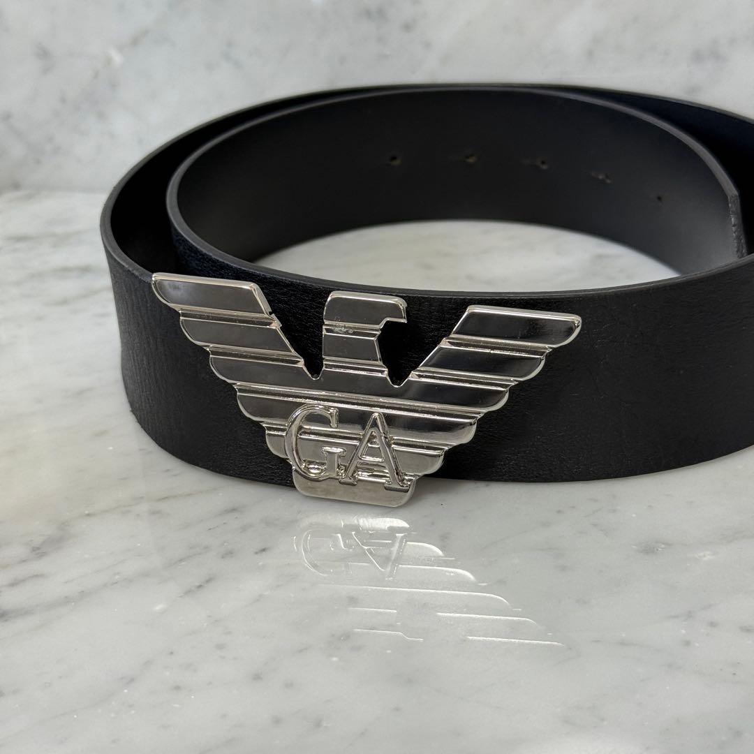 美品 EMPORIO ARMANI アルマーニ ベルト 太幅 銀 本革 イタリア