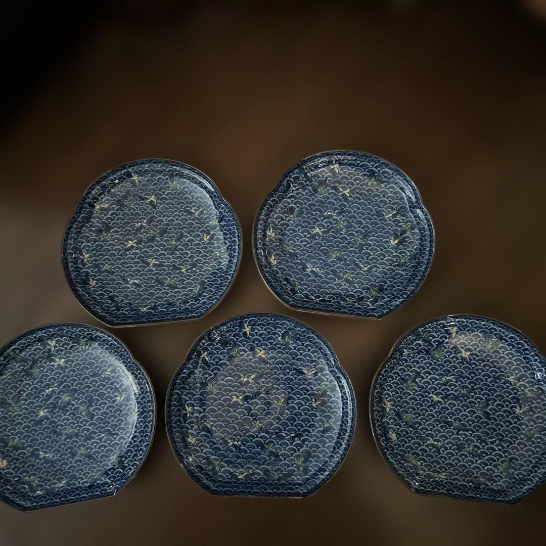 美品　源右衛門　青色波模様皿 5枚セット　幅約18cm