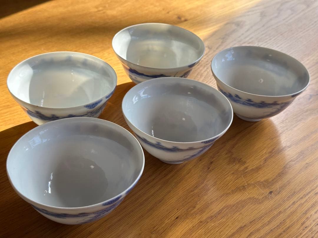 【超珍品】透ける薄さ！古伊万里　卵殻手　染付山水人物紋　蓋物　5客セット有田焼