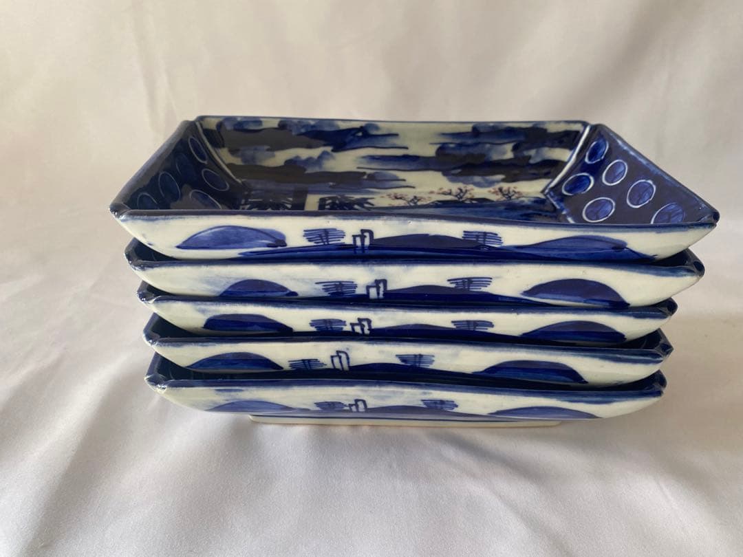 骨董　古伊万里　明治　ベロ藍　長角皿　5客セット