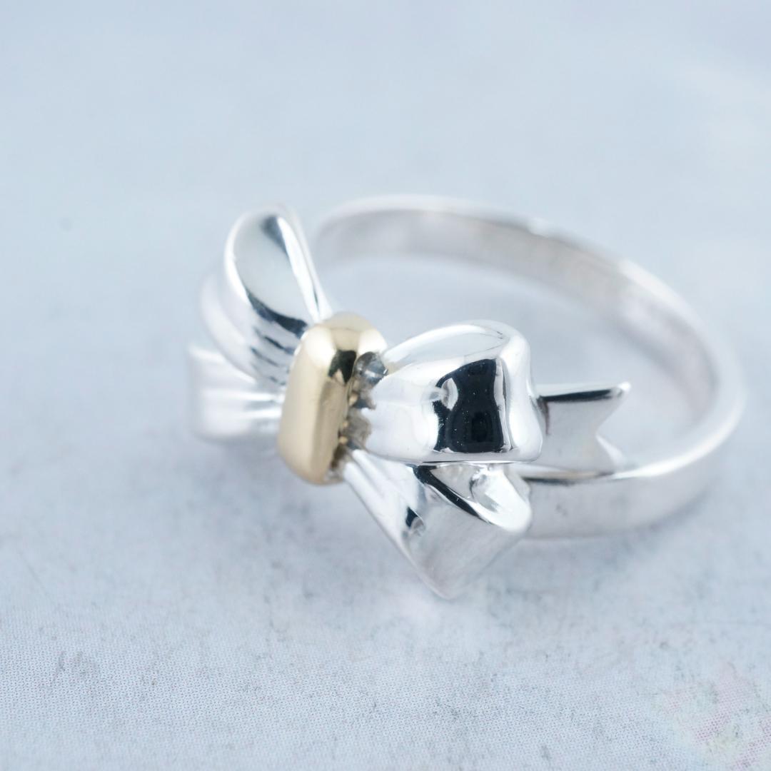 新品仕上 ティファニー SV925×18K 750リボン リング 13号