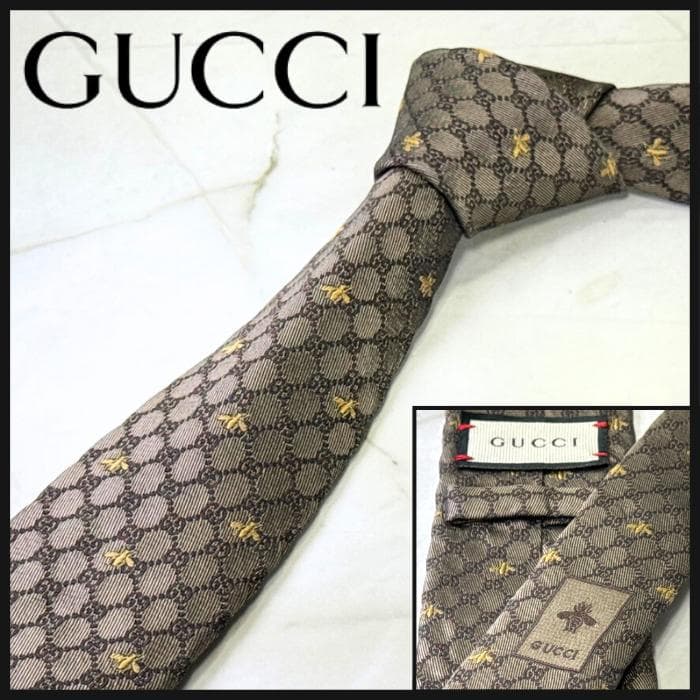 ☆即発 GUCCI 蜂 Bee GG柄 ネクタイ ブラウン シルク 伊製 美品