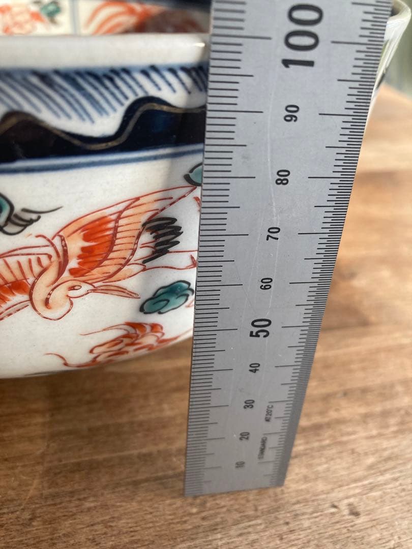 古伊万里の赤絵 鉢 直径約22cm 幕末 骨董品 龍、鳳凰 鶴等