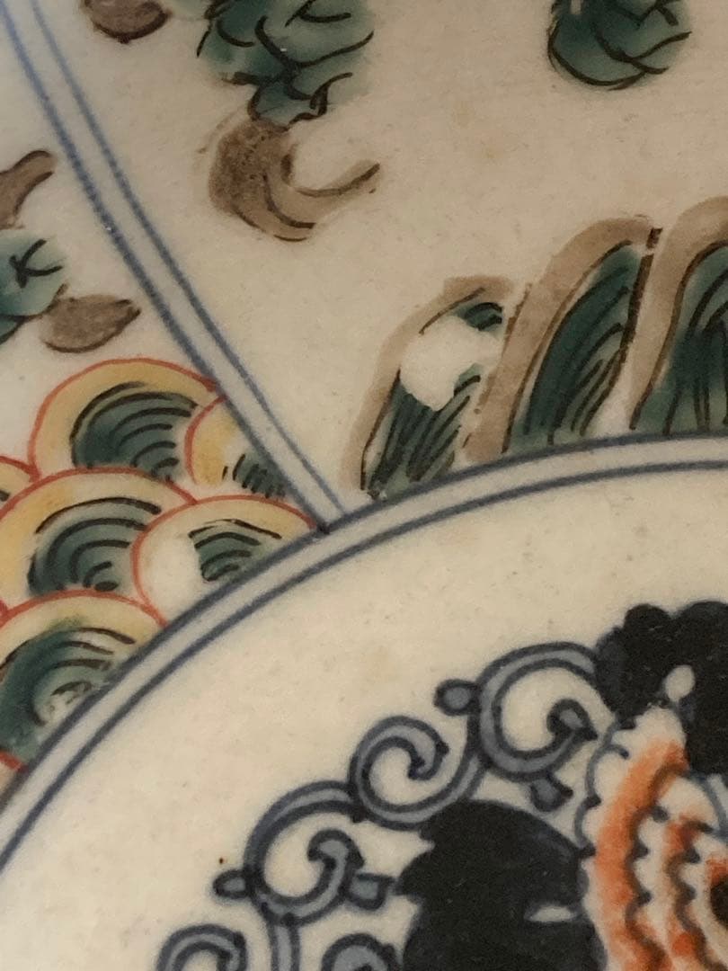 古伊万里の赤絵 鉢 直径約22cm 幕末 骨董品 龍、鳳凰 鶴等