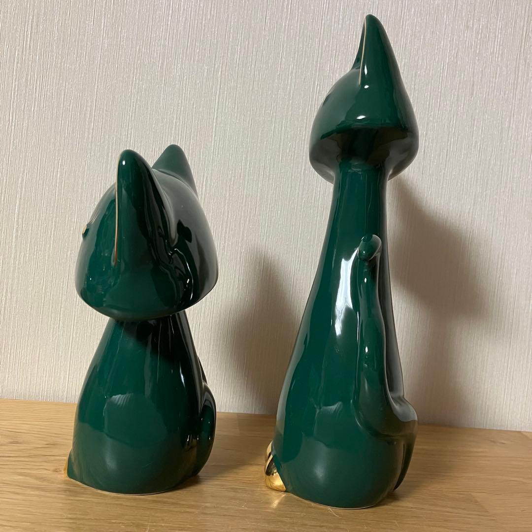 陶器製　猫　ネコ　ペア　グリーン　置物