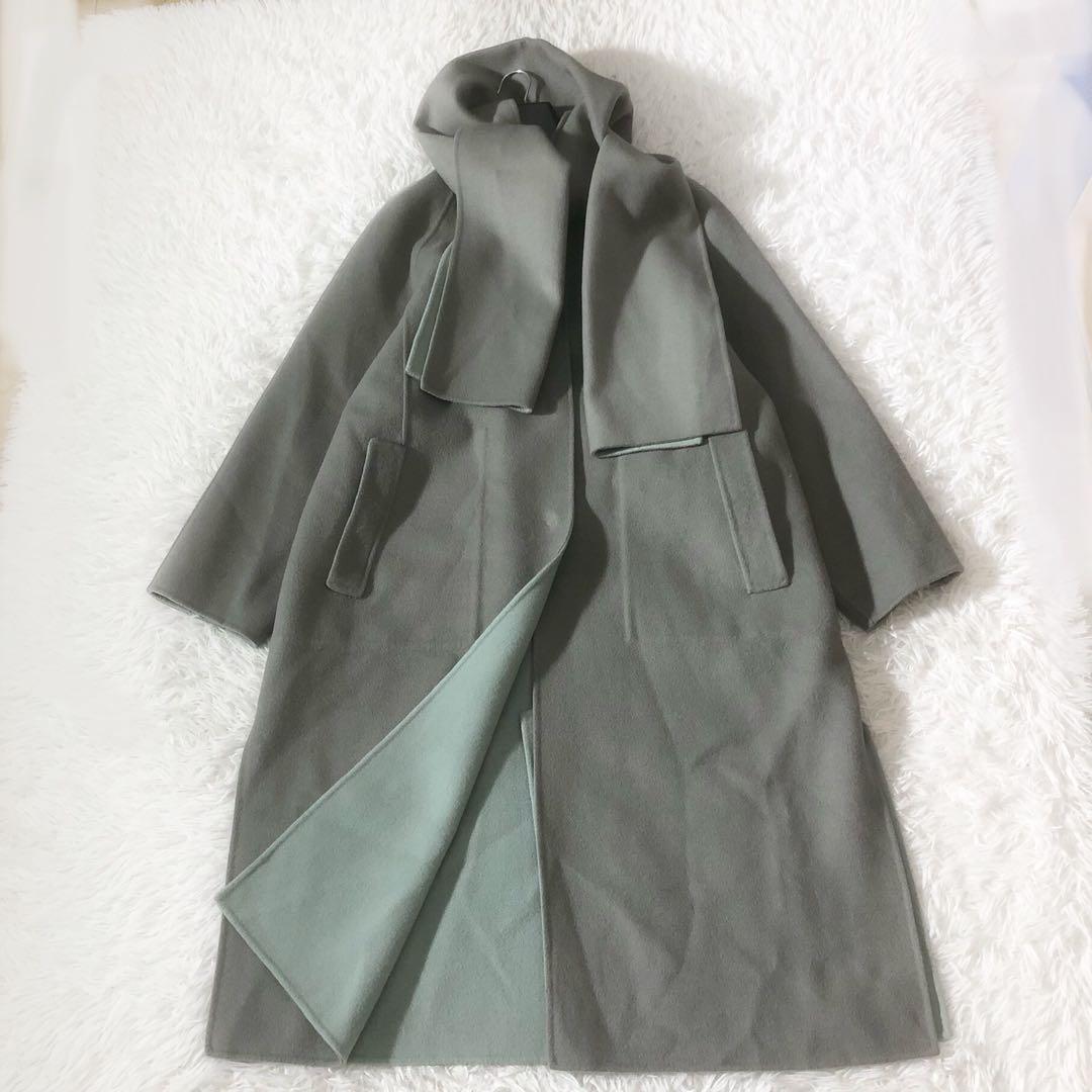 美品 ADORE ２ＴＯＮＥリバーコート ストール付き カシミヤ混 リバーシブル