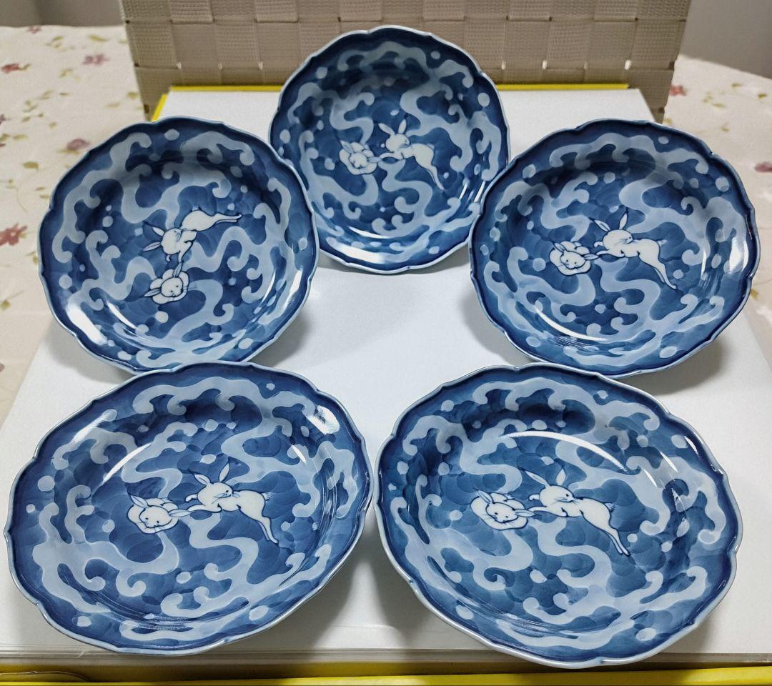 5209#0222　有田焼源右衛門/染付波兎 小皿5枚セット　0221