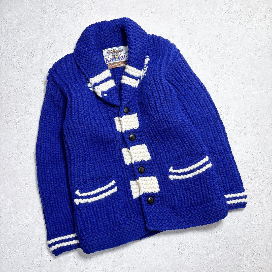 カナタ　カウチンニット　ブルー　現行タグ　肉厚カーディガン　希少カラー　ヘチマ