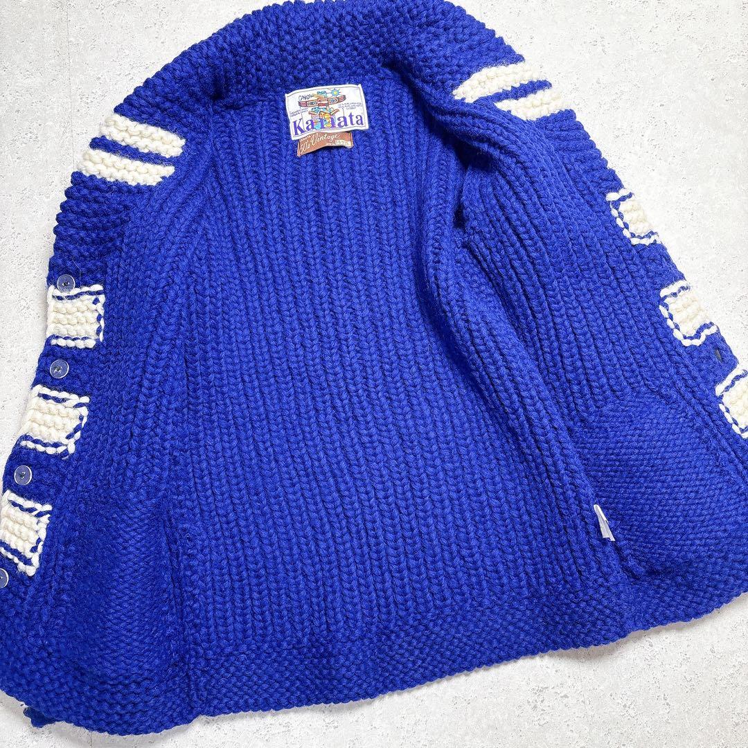 カナタ　カウチンニット　ブルー　現行タグ　肉厚カーディガン　希少カラー　ヘチマ