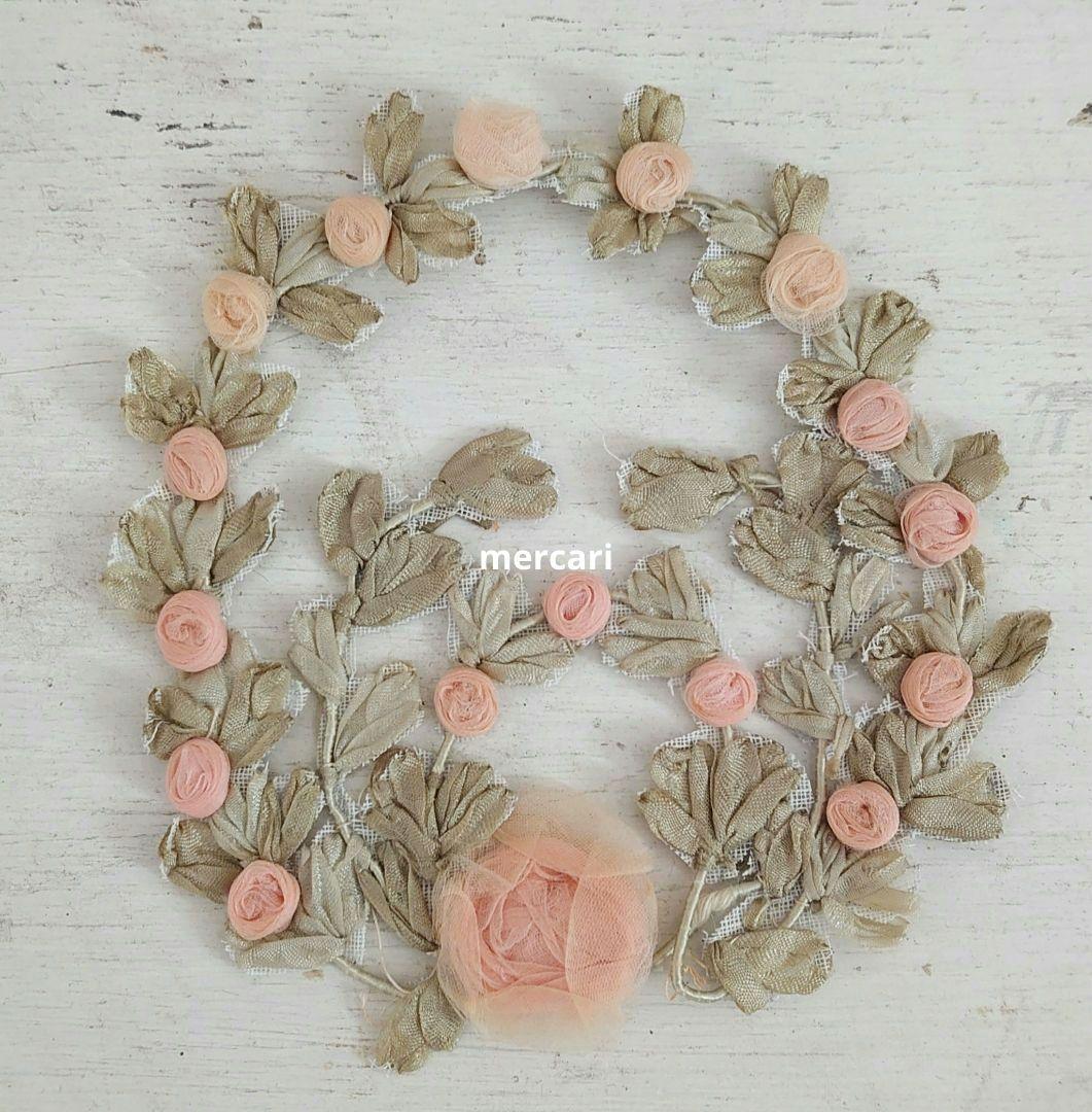 アンティーク シルク製 シルクシフォン 淡いピンクの薔薇 ロココモチーフ (大)