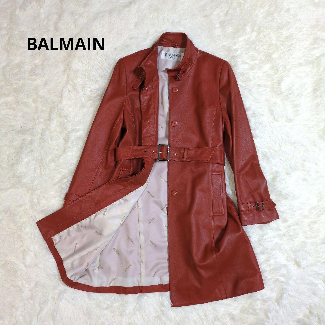 高級　バルマン　羊革　ラムレザー　ロング　レザーコート　ベルト　バックル　ロゴ
